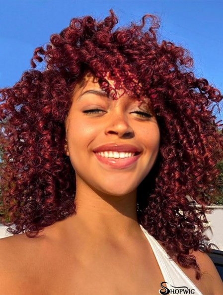 Curly Wigs with Bangs for Black Women Kinky Curly Synthetic Hair Heat Resistant 12 Inch Short Burgundy Wig for Daily Party