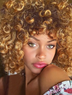 Curly Wigs with Bangs for Black Women Kinky Curly Synthetic Hair Heat Resistant 12 Inch