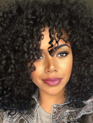 Natural Black Hair Synthetic Curly Wig with Bangs