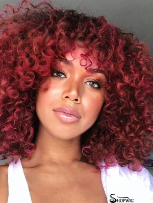 Curly Wigs for Women Kinky Afro Curly Wig with Bangs Burgundy Color Synthetic