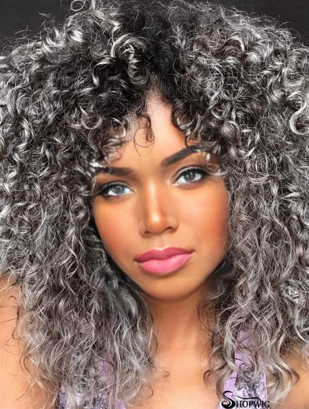 Curly Wigs for White Women Kinky Curly Afro Wig with Bangs Ombre Gray Color Synthetic