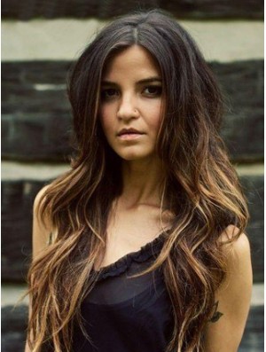 Long Ombre/2 Tone Wavy Without Bangs Fashionable African American Wigs