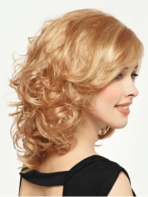 Curly Wig With Bangs Shoulder Length Blonde Color With Capless