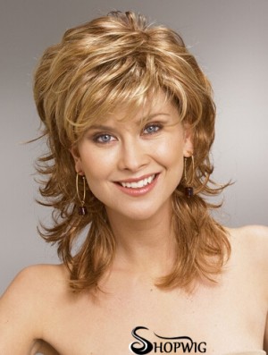 Shoulder Length Layered 13 inch Wavy Blonde Medium Wigs