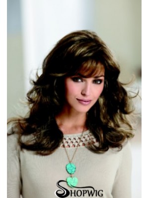 Sleek Brown Wavy With Bangs Capless Long Wigs