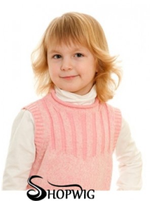 Wavy Shoulder Length Blonde Remy Human Hair 100% Hand-tied Kids Wigs